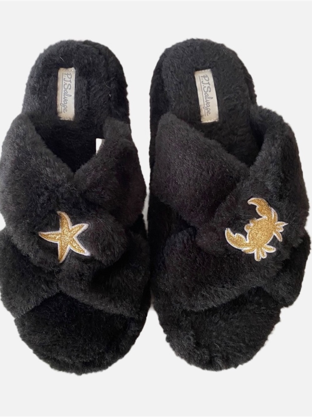 PJ Salvage Faux Fur Cross-Over Open Toe Slippers Nautical Detail Black Gold